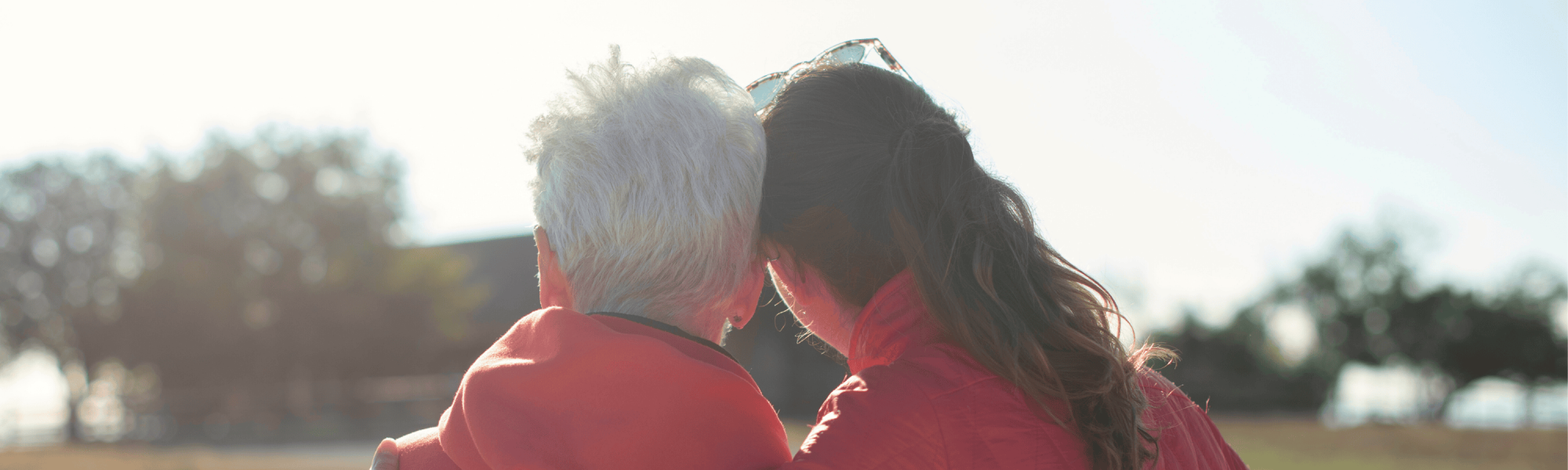 Rear view of two people looking out to field